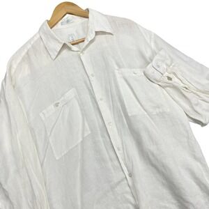 Burma Bibas Mens White 100% Natural Linen Button Down Shirt L Long Sleeve Pocket